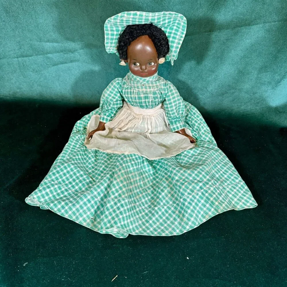 Vintage Handmade African American Doll Folk Art Decor Green Gingham Dress